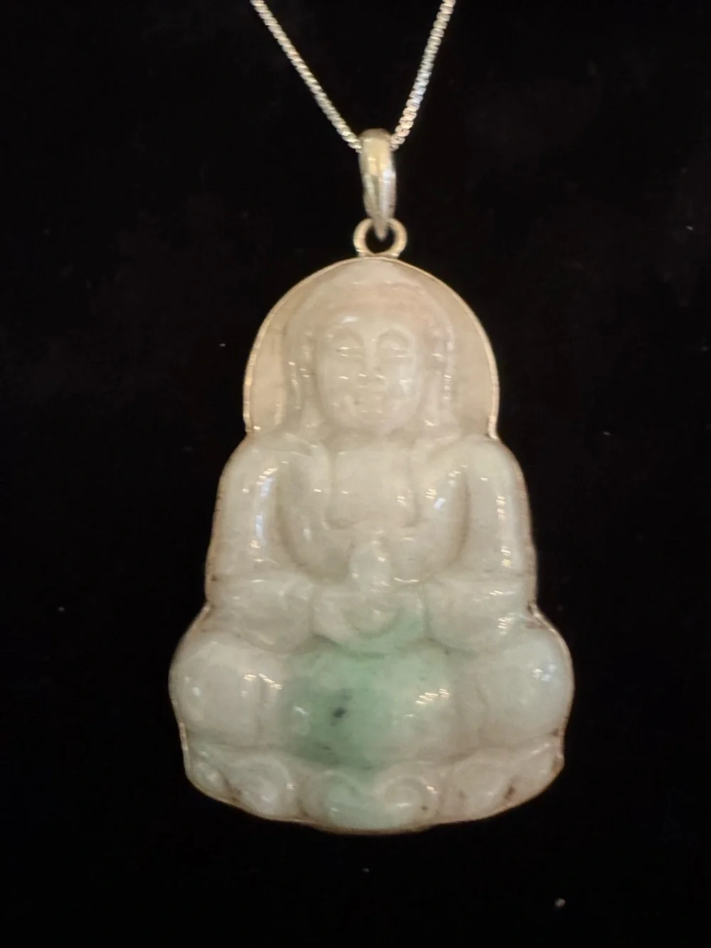 Genuine Jade Buddha Pendant Necklace - Green/White. Sterling silver‎ setting.